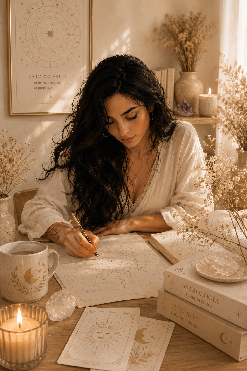 Arcana Serena escribiendo una carta astral en un escritorio luminoso