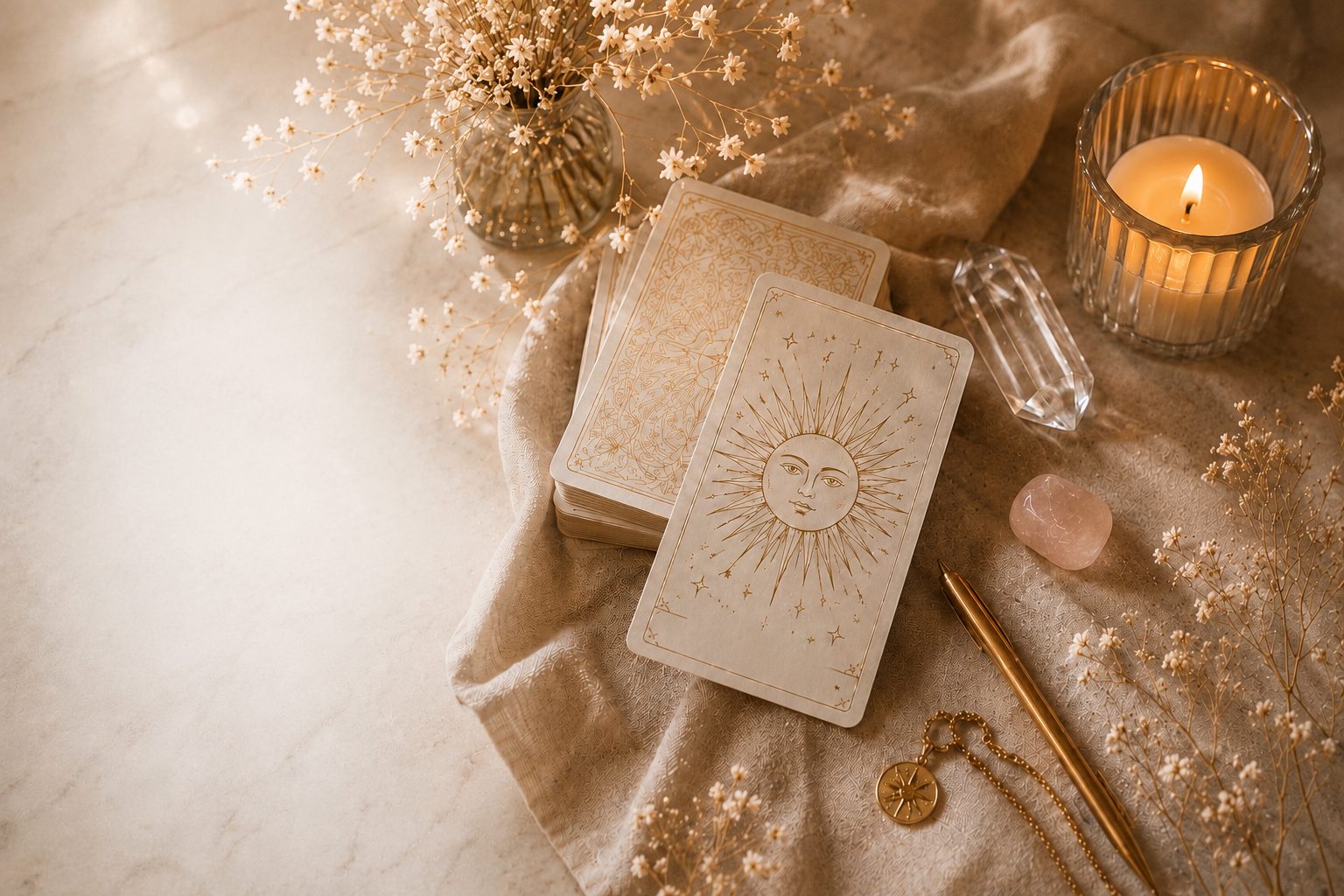 Mesa luminosa con cartas de tarot, vela, cristales y flores blancas
