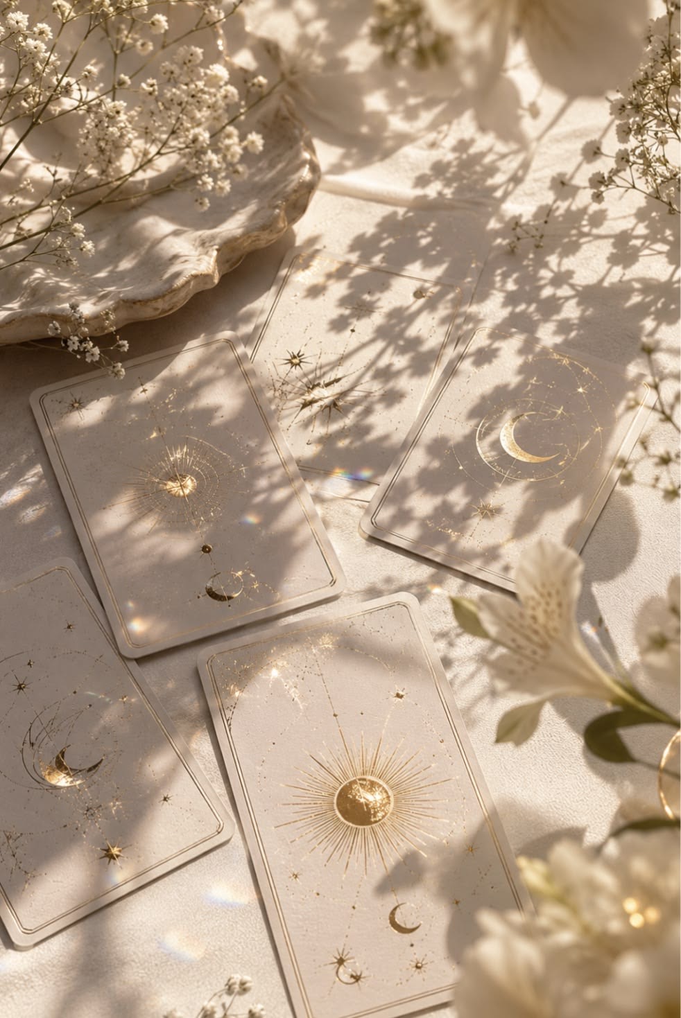 Cartas de tarot doradas con flores y luz cálida